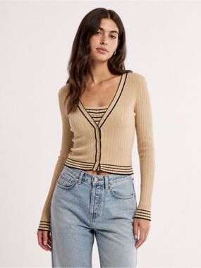 Willie Smith Beige Ribbed Cardigan & Striped Cami Set Size Small Silk Blend